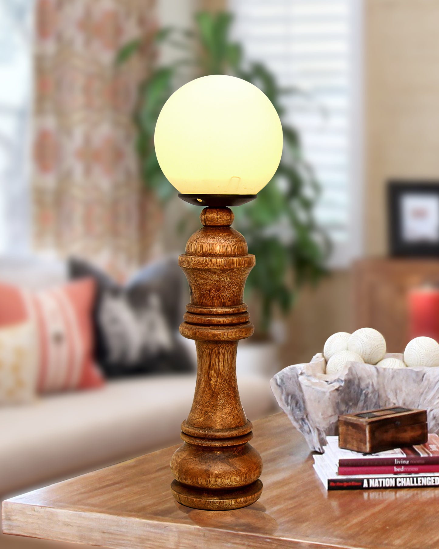 Chess Decorative Bedside Table Desk Lamp White Frost Shade for Décor, Accent Light, Gameroom, Kids', Living Room, Bedroom, Handmade Wooden, Pawn Horse Bishop Rook Queen  King