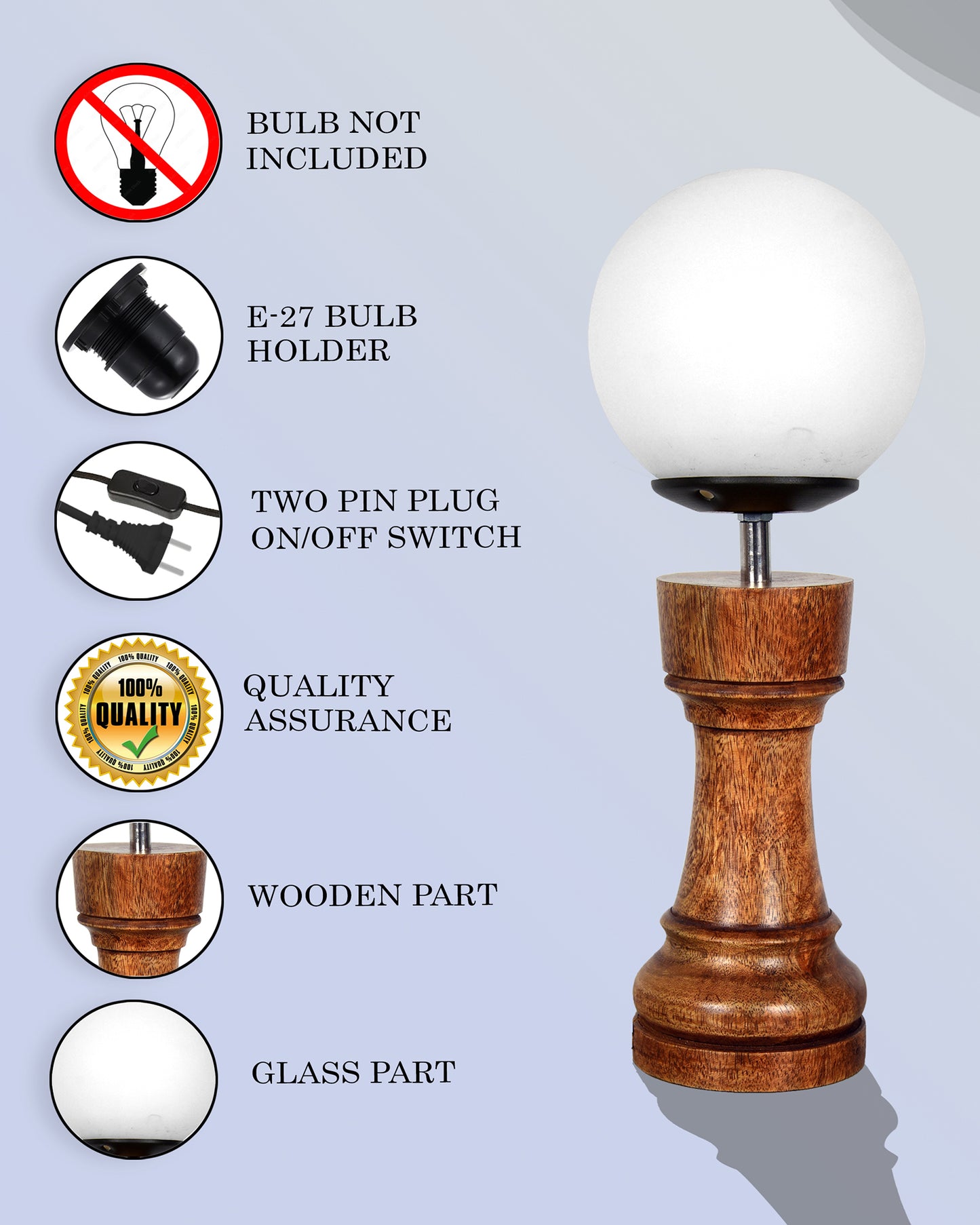 Chess Decorative Bedside Table Desk Lamp White Frost Shade for Décor, Accent Light, Gameroom, Kids', Living Room, Bedroom, Handmade Wooden, Pawn Horse Bishop Rook Queen  King