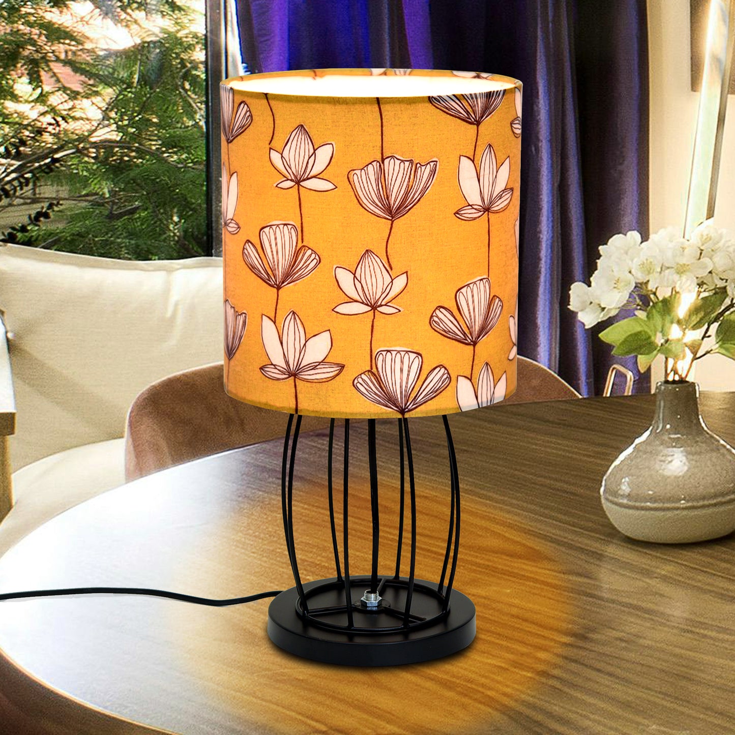 Retro Metal Wire Table Lamp Cage Base, Bedside Light for Home Decoration Items, Fabric Lampshade for Home Office,Cafe Restaurants, Jungle Shade