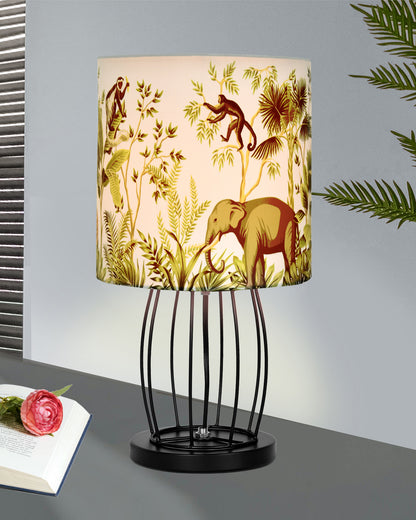 Retro Metal Wire Table Lamp Cage Base, Bedside Light for Home Decoration Items, Fabric Lampshade for Home Office,Cafe Restaurants, Jungle Shade