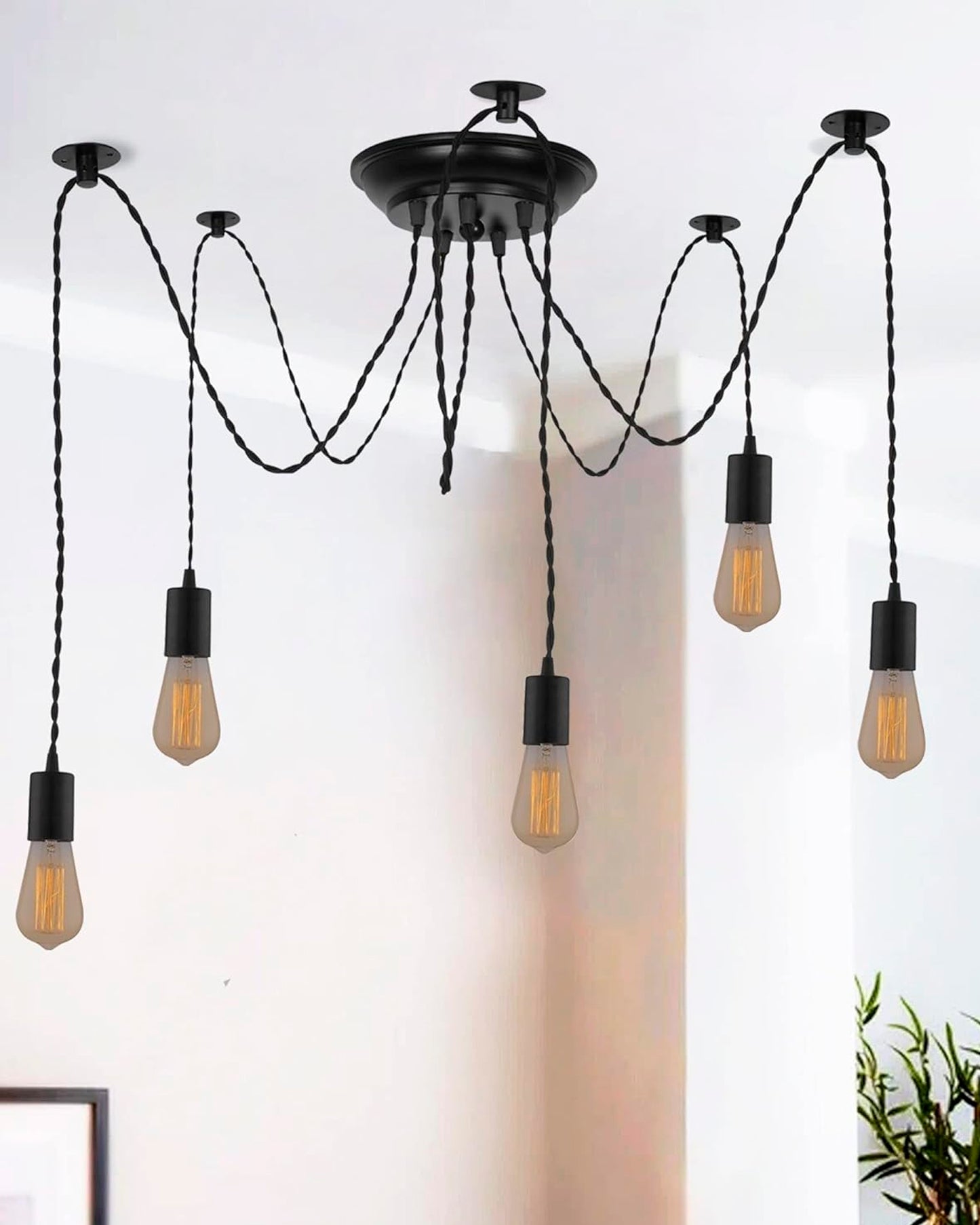 Spider Chandelier Lamp, Vintage Edison Style E 27 Adjustable DIY Ceiling Pendant Light, E27 Rustic Cluster Hanging Light(1.25 M, Black Twisted Wire)